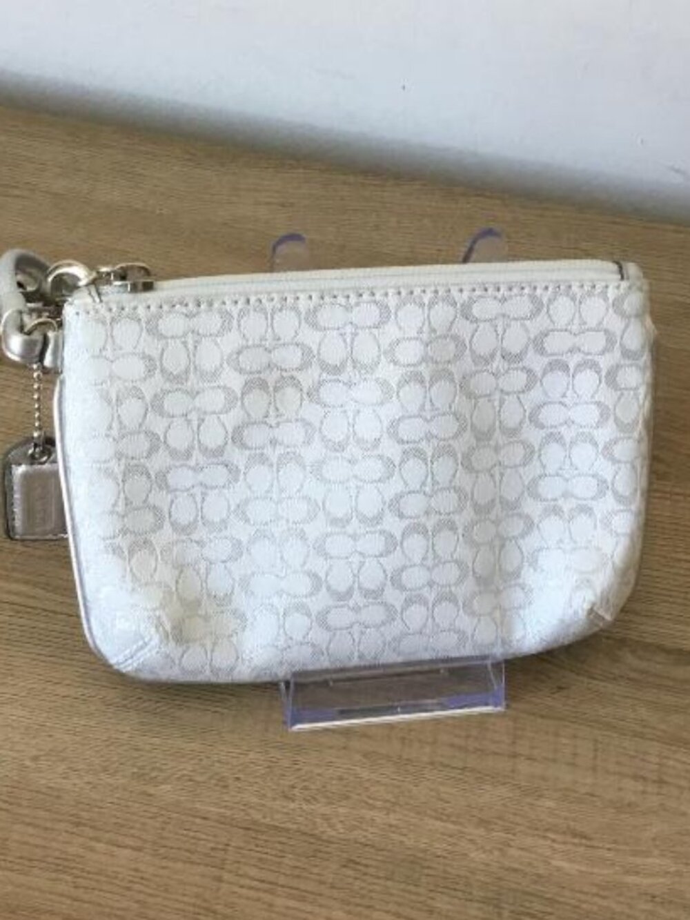 Coach Metallic Silver Signature Jacquard Wristlet Y2K Zip Pouch Mini Bag - Picture 2 of 3
